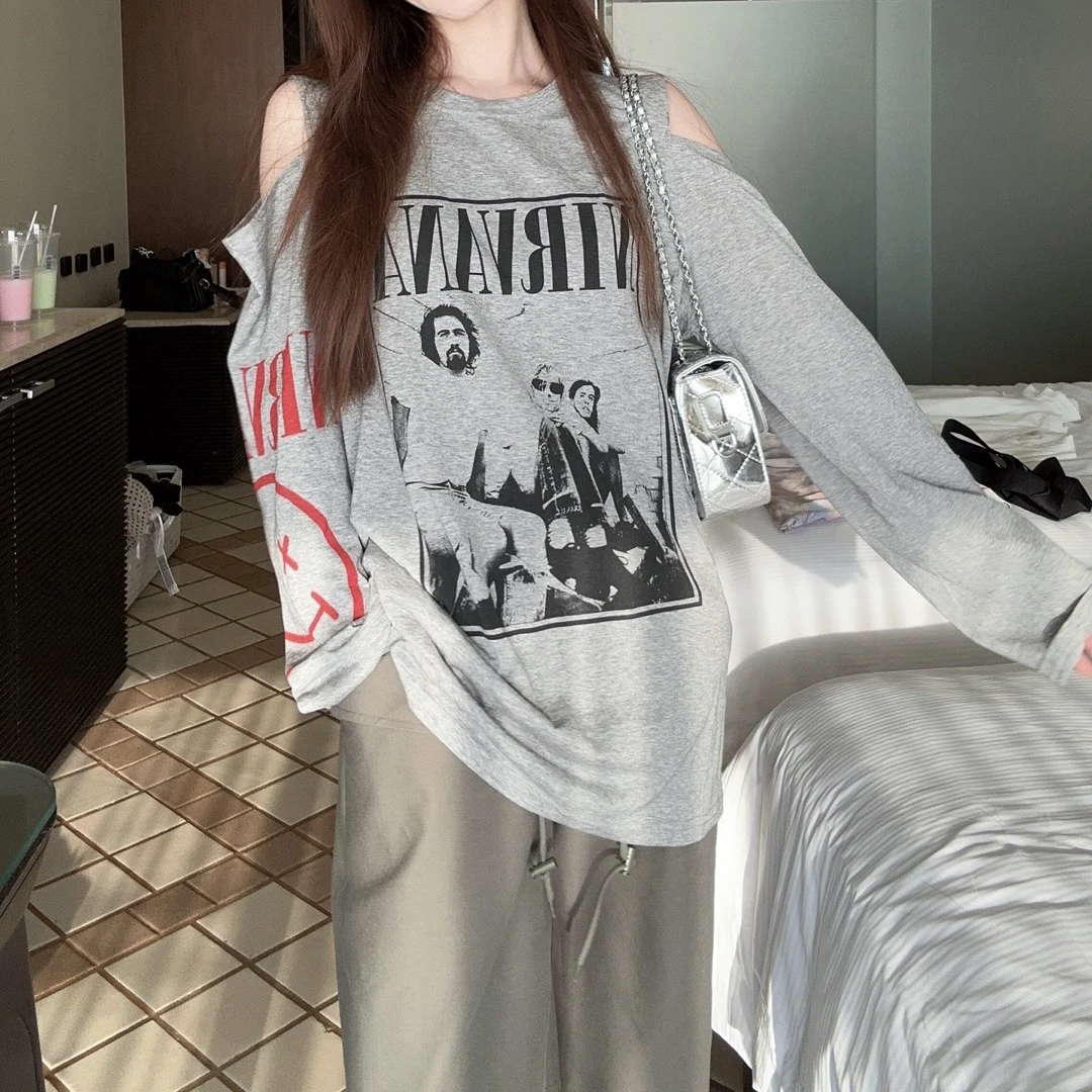 美式气质百搭宽松长袖印花t女春夏