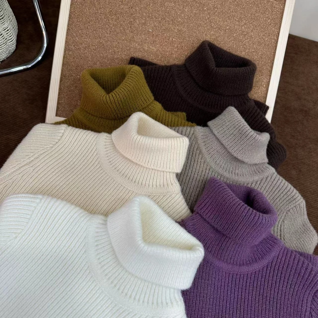 儿童秋冬加厚纯色坑条弹力半高领男童打底衫长袖2024女童毛衣227