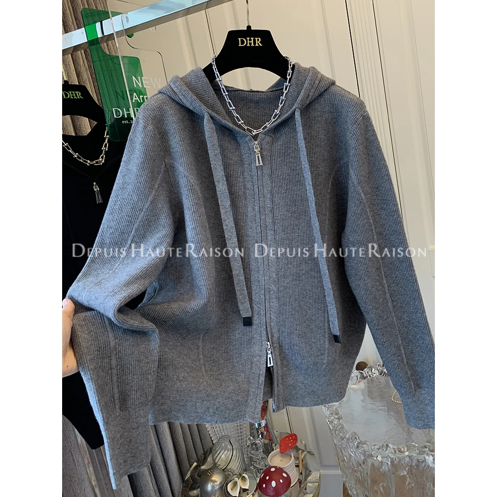 自留爆款推荐~气质休闲双拉链连帽针织衫毛衣开衫宽松外套上衣女