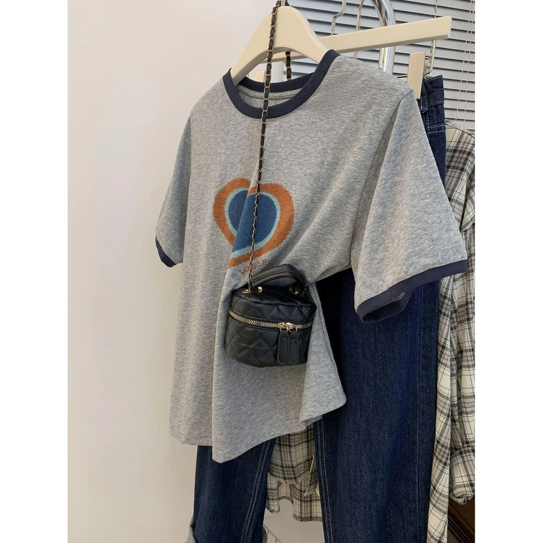 胖妹妹大码灰色正肩短袖t恤女夏季2025新款设计感显瘦体恤bf上衣