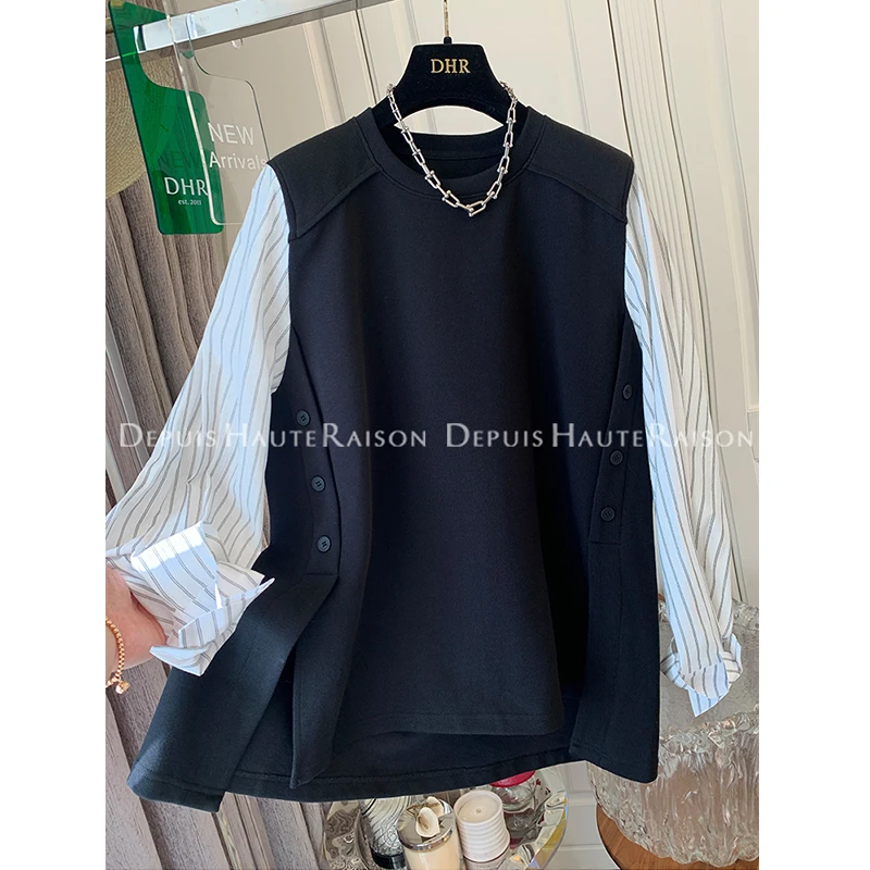 韩国东大门设计感200斤大码条纹衬衫拼接假两件卫衣女早秋季上衣