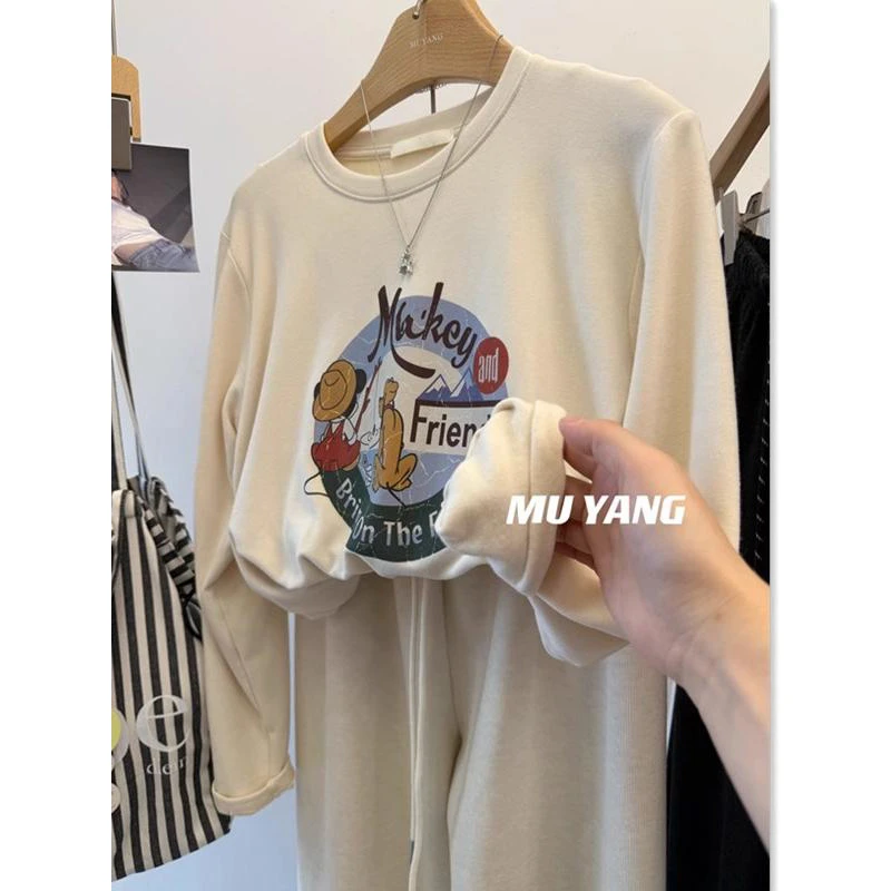 胖妹妹大码字母印花卡通长袖磨毛T恤女2024秋冬新款洋气宽松上衣