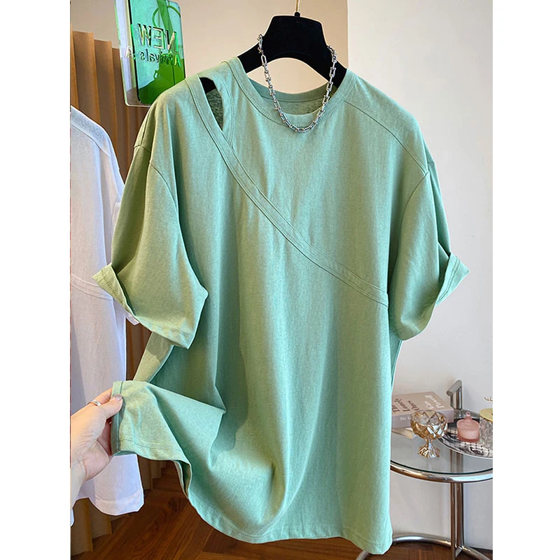 胖妹妹240斤大码别致设计感纯棉短袖上衣女夏季宽松显瘦割破T恤衫