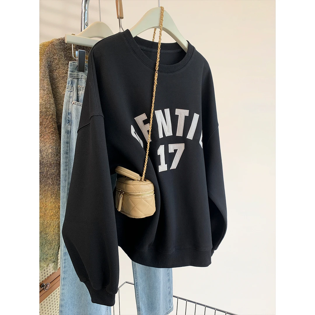 广州十三行爆款~套头无帽卫衣女2024新款慵懒风宽松圆领春秋上衣