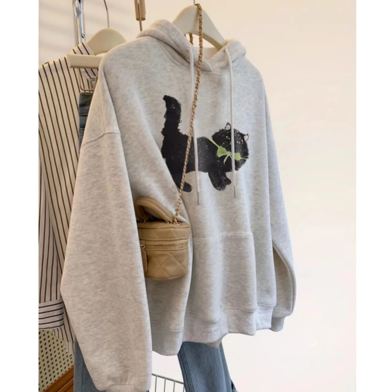 自留爆款推荐~美式灰色小猫连帽卫衣女2025新款慵懒oversize上衣