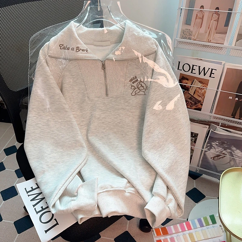 胖妹妹大码翻领拉链卫衣女春秋薄款设计感美式慵懒风宽松套头上衣