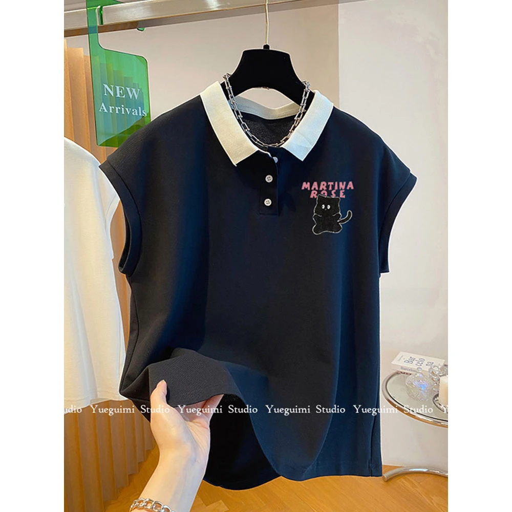 韩国东大门200斤大码卡通减龄翻领无袖背心上衣女夏季显瘦T恤胖mm