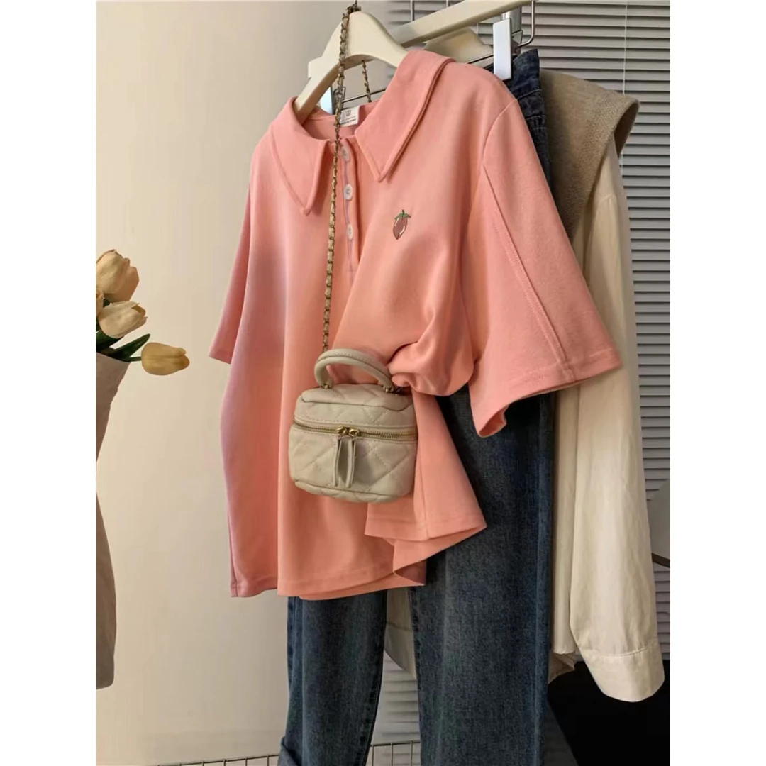 甜美粉色减龄polo领刺绣正肩短袖T恤女夏大码胖mm遮肚娃娃领上衣