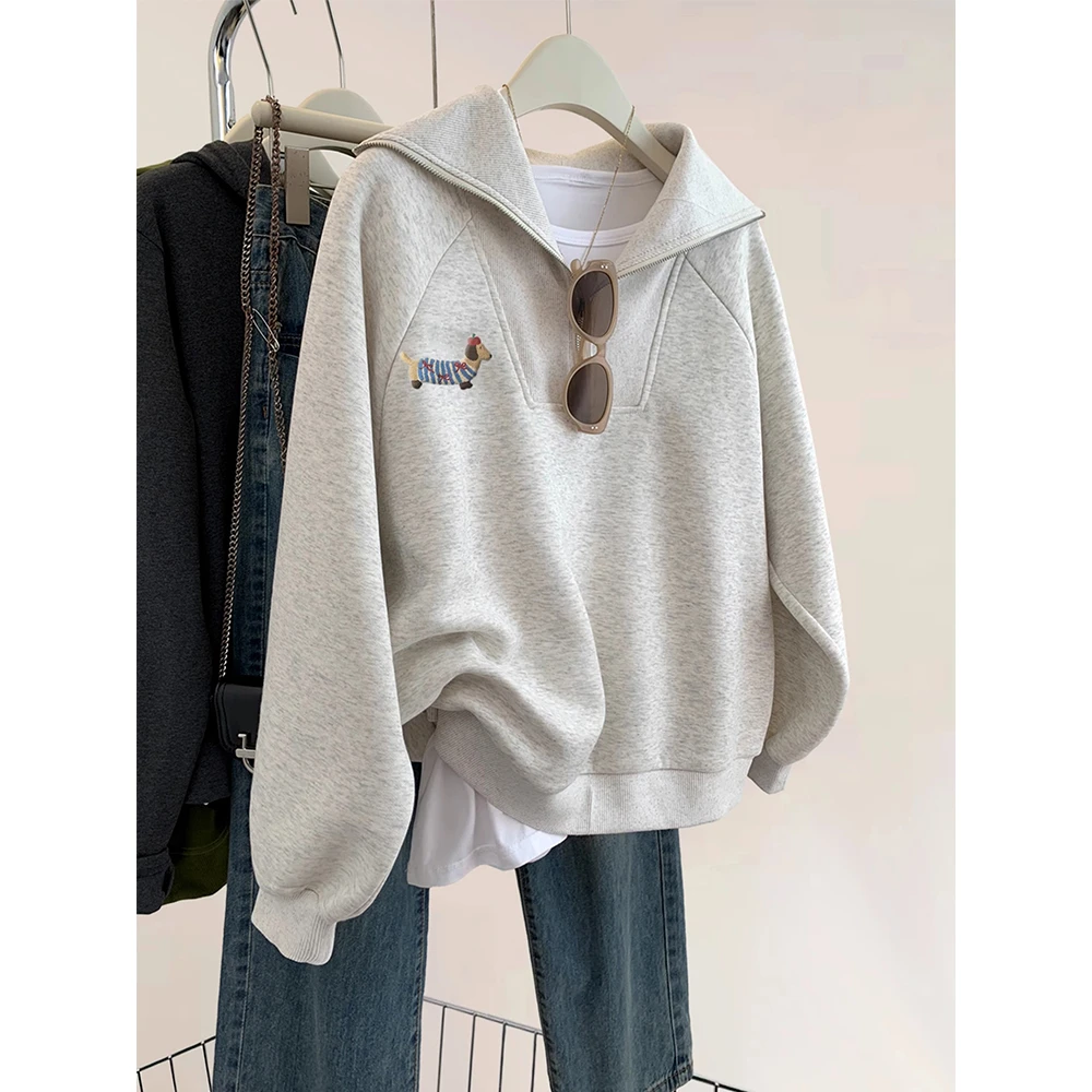 胖妹妹大码灰色腊肠狗翻领半拉链套头卫衣女秋冬2024新款外套上衣