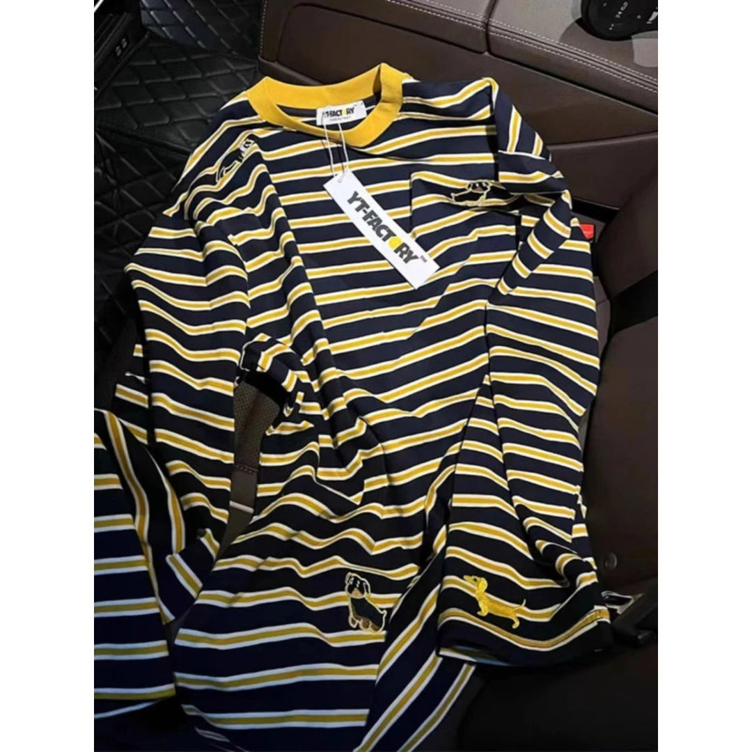 胖mm正肩大码卡通刺绣条纹拼色长袖t恤女春秋新款复古风ins上衣潮