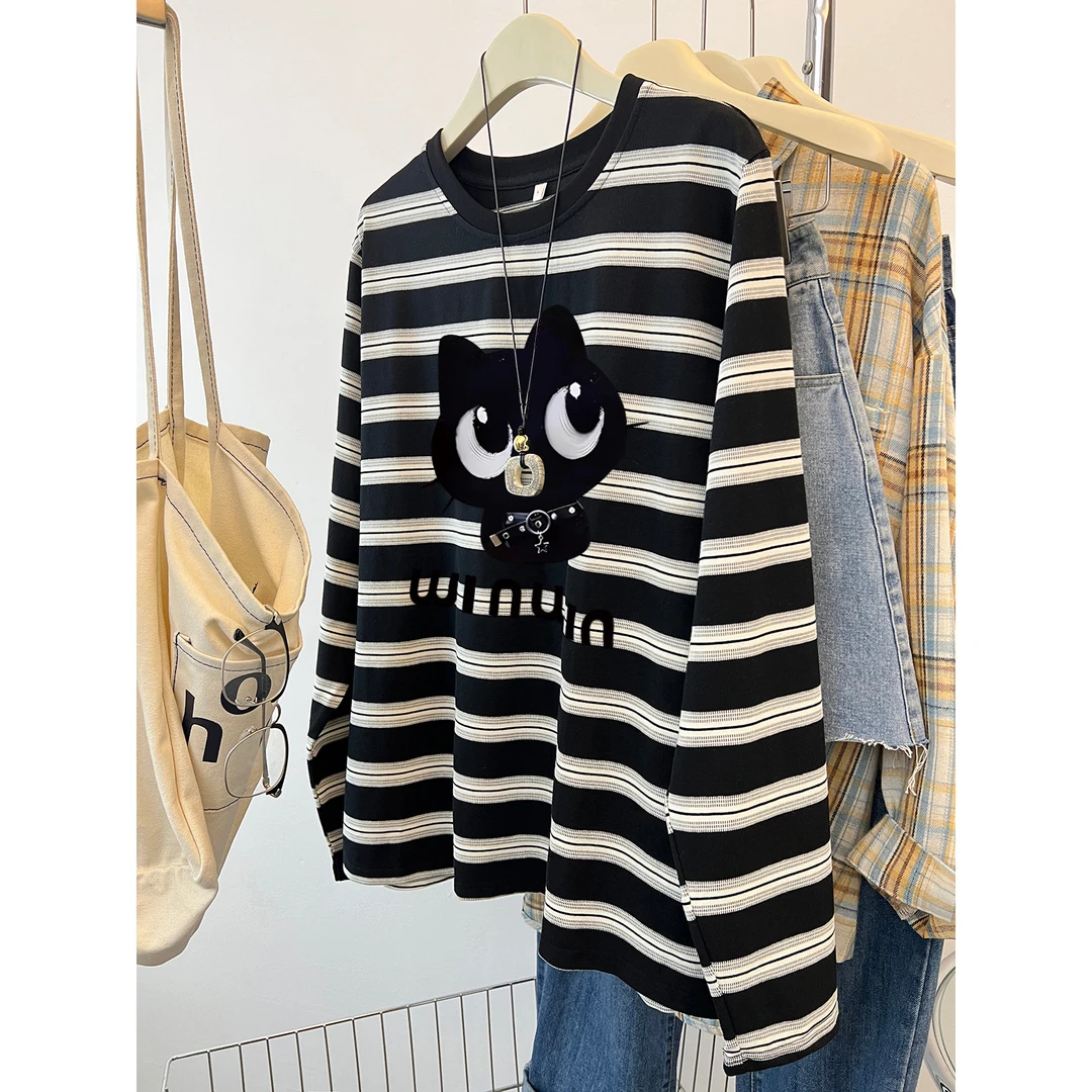 240斤大码胖mm条纹长袖t恤女2024新款春秋猫咪印花慵懒风宽松上衣