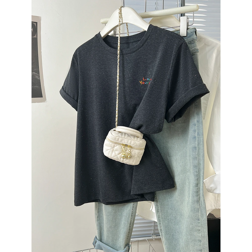 胖妹妹240斤大码设计感芝麻点刺绣字母短袖T恤女夏季宽松显瘦上衣