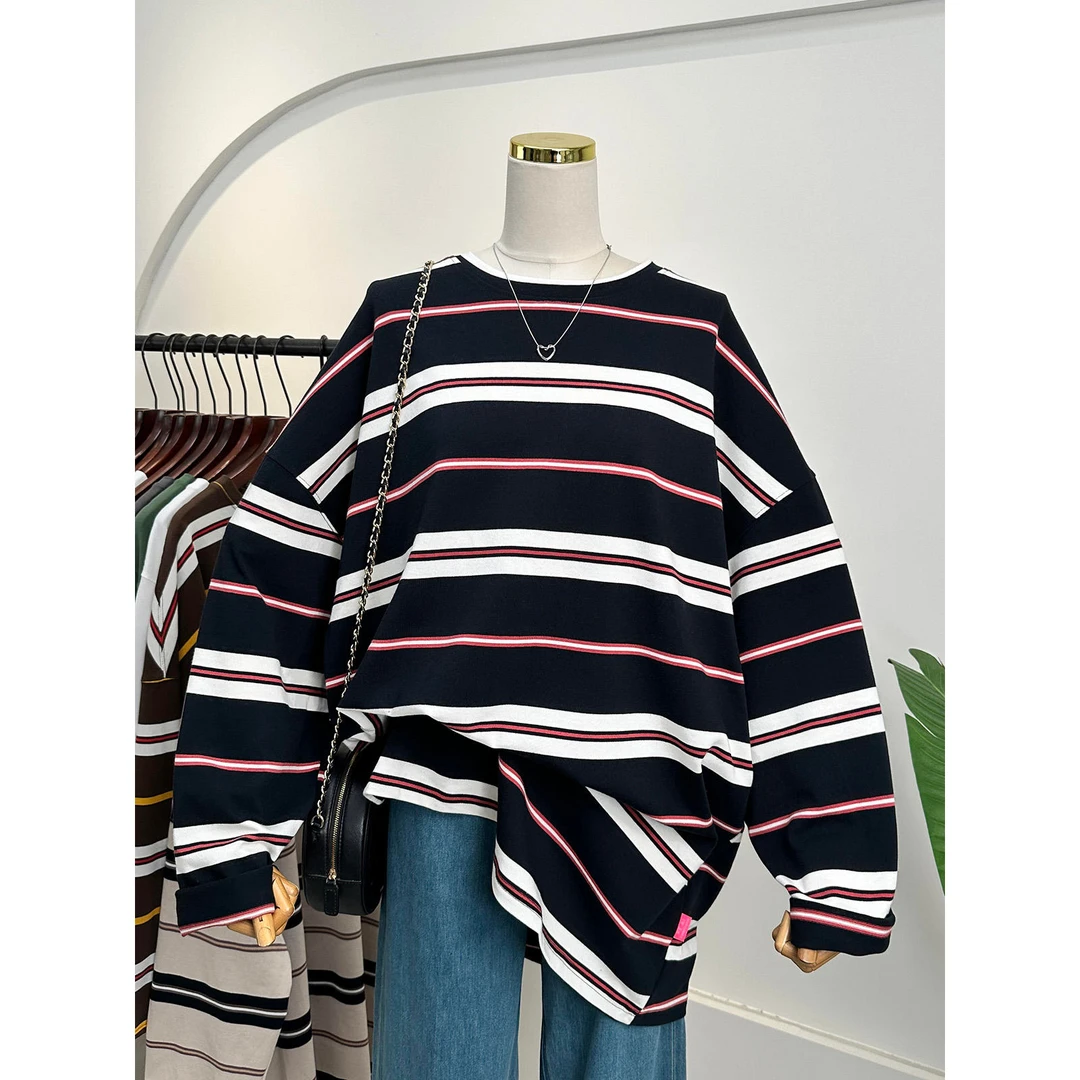 240斤大码胖妹妹t恤女韩版百搭休闲撞色条纹宽松长款打底衫春秋款