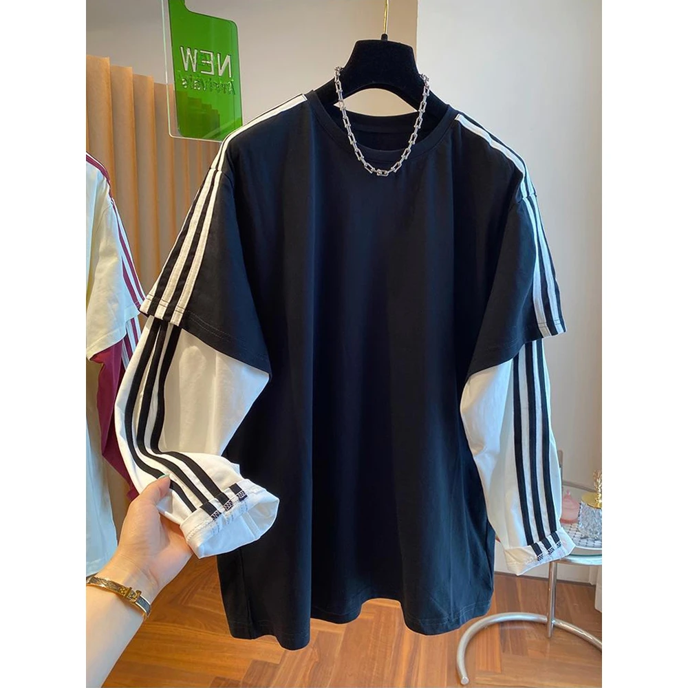 胖妹妹240斤大码重工美式假两件三条杠长袖T恤女早秋季显瘦上衣潮