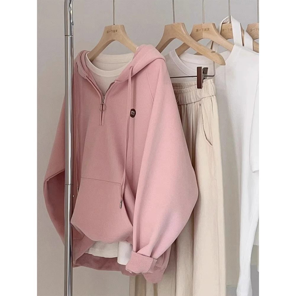 胖妹妹大码240斤加绒加厚粉色连帽半拉链开衫卫衣外套女2024秋冬