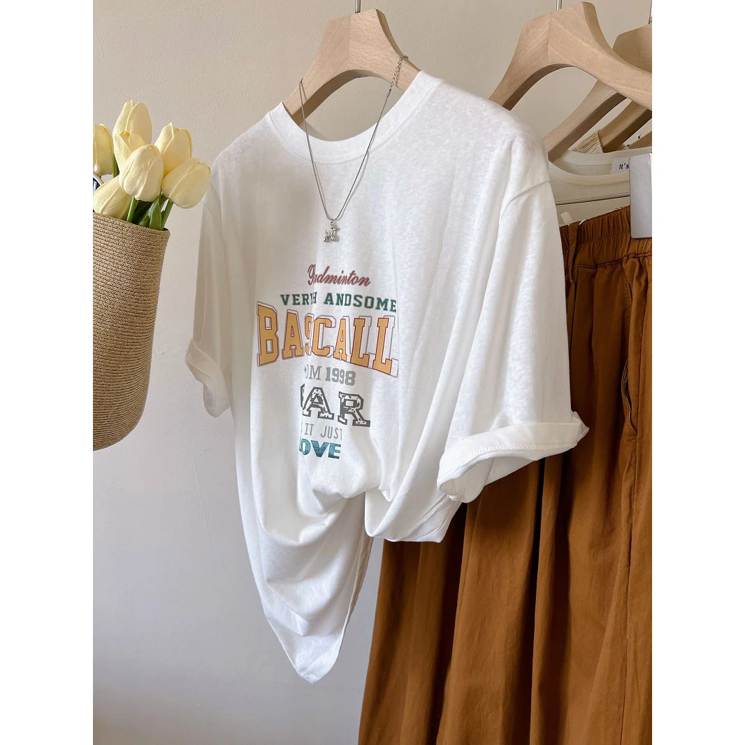 美式复古字母印花短袖t恤女夏装新款宽松胖妹妹大码纯棉遮肉上衣