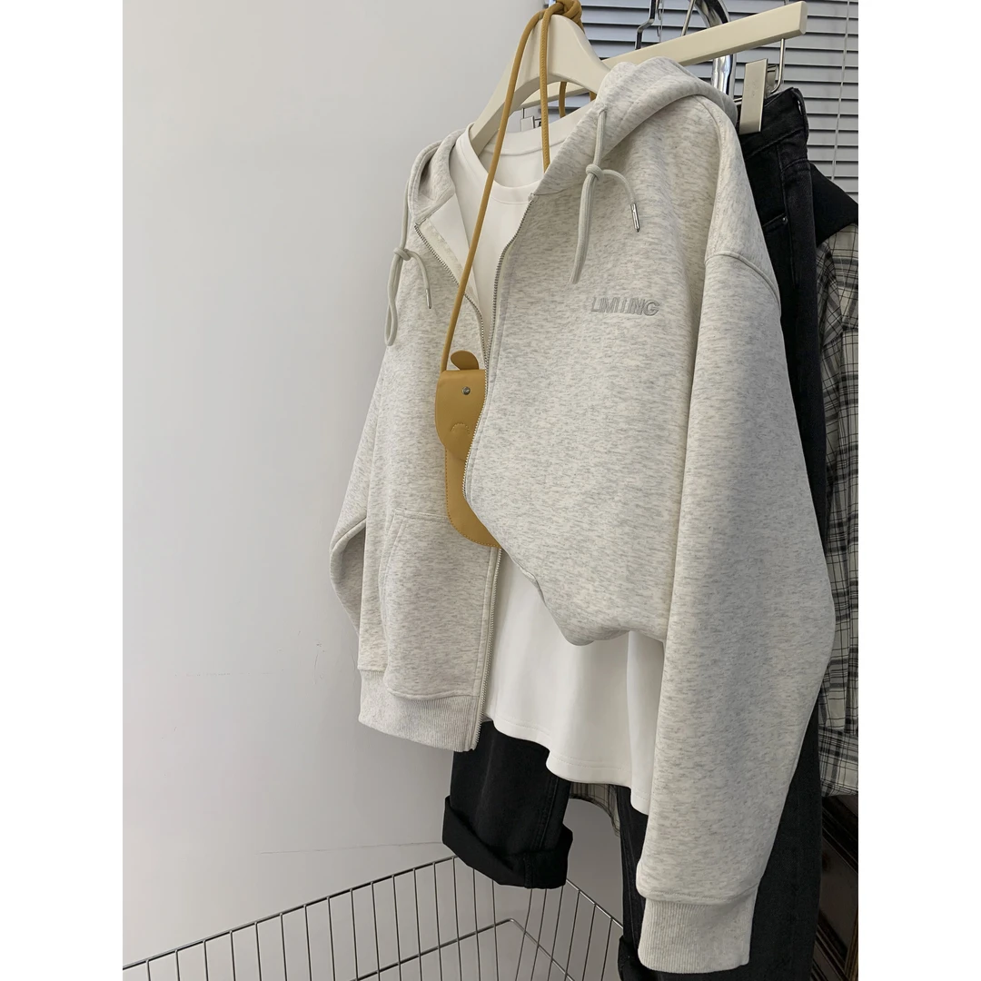 240斤大码胖mm美式复古加绒加厚灰色连帽卫衣外套女春秋秋冬开衫