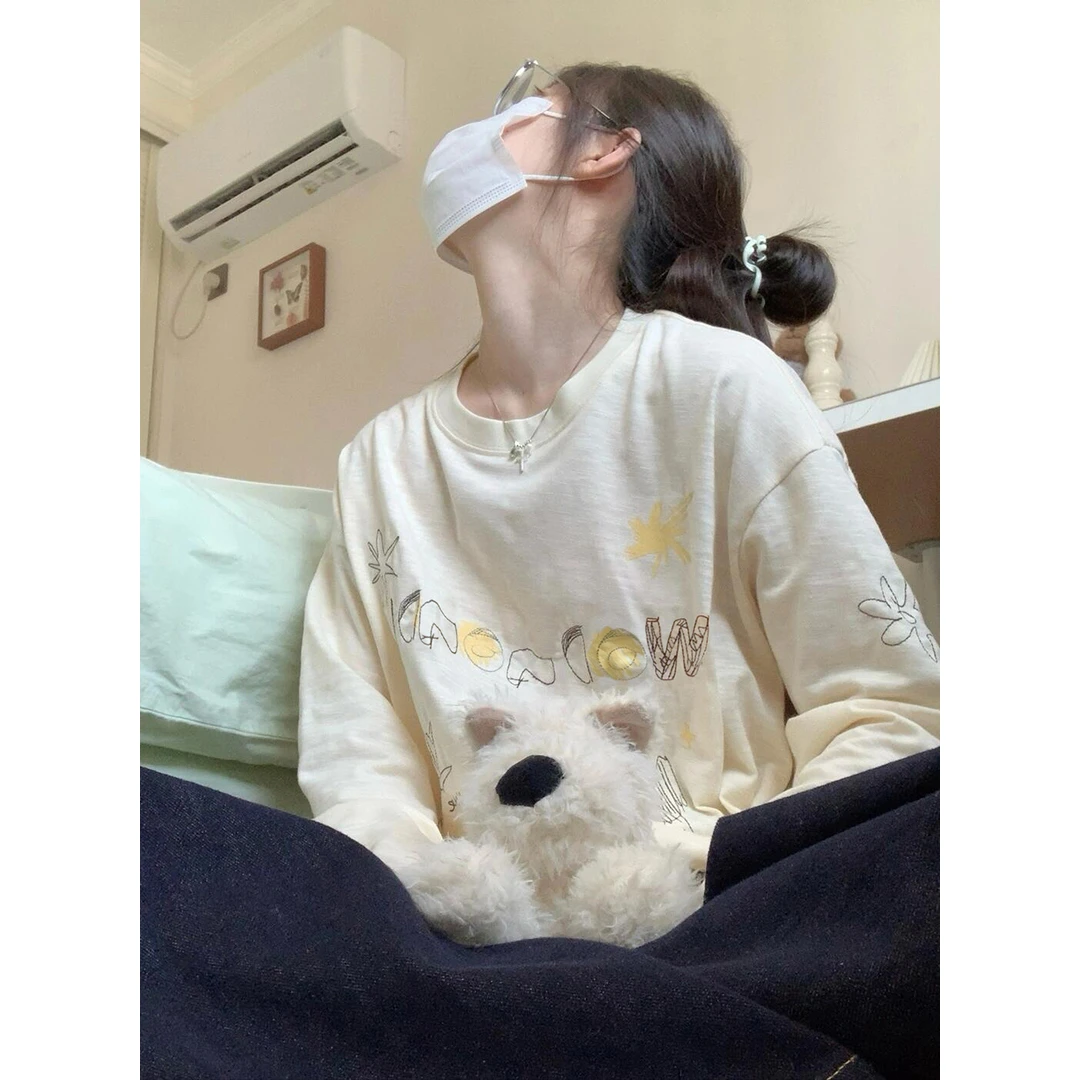 240斤大码胖MM趣味手绘印花长袖t恤女秋季2024新款宽松打底衫上衣