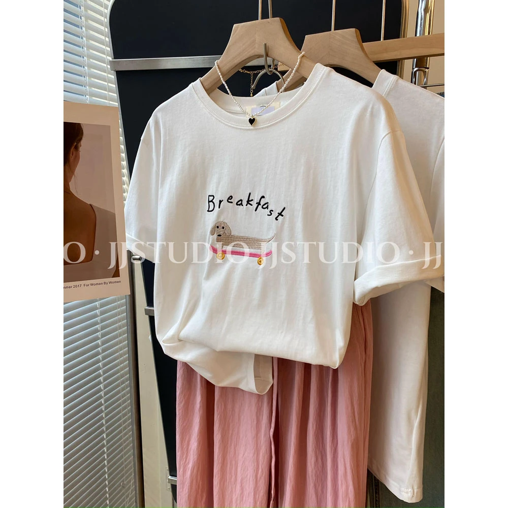 胖妹妹大码纯棉刺绣滑板小狗短袖T恤女2024夏季新款减龄显瘦上衣