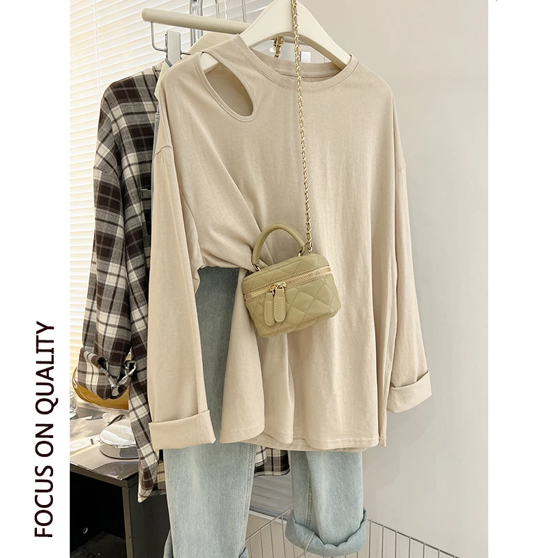 胖mm240斤大码欧货设计感露肩t恤上衣女早秋季显瘦宽松长袖打底衫