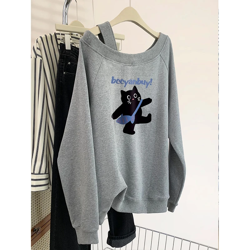 胖妹妹大码美式印花斜肩露肩套头卫衣女春秋季宽松一字肩无帽上衣