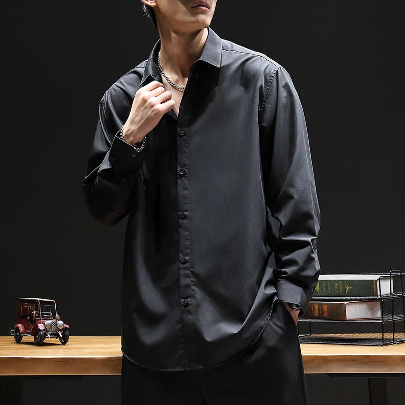 衬衫男胖子夏季冰丝薄款休闲宽松高级感大码长袖衬衣痞帅黑色上衣
