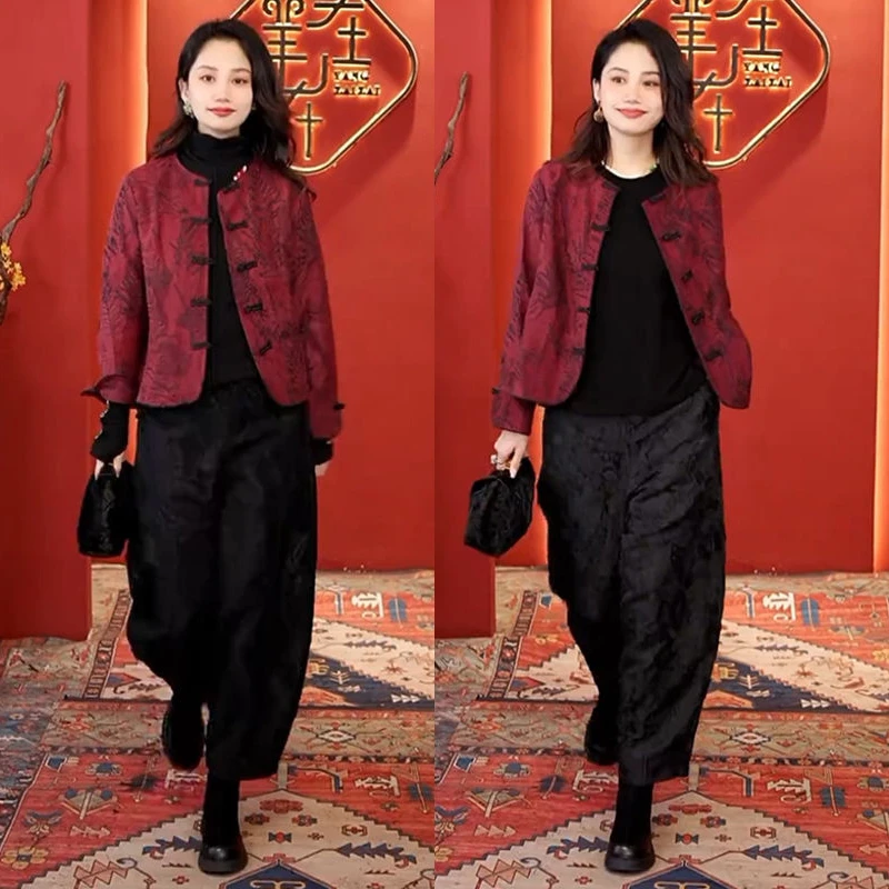 欧洲站2025秋冬新款新中式国风盘扣圆领外套高腰纯色阔腿裤两件套