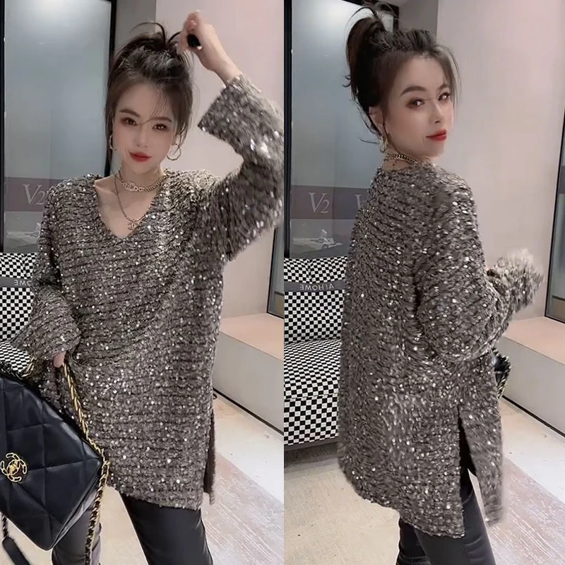 高级感重工加绒亮片衬衫女欧洲站2025秋冬新款百搭中长款V领衬衣