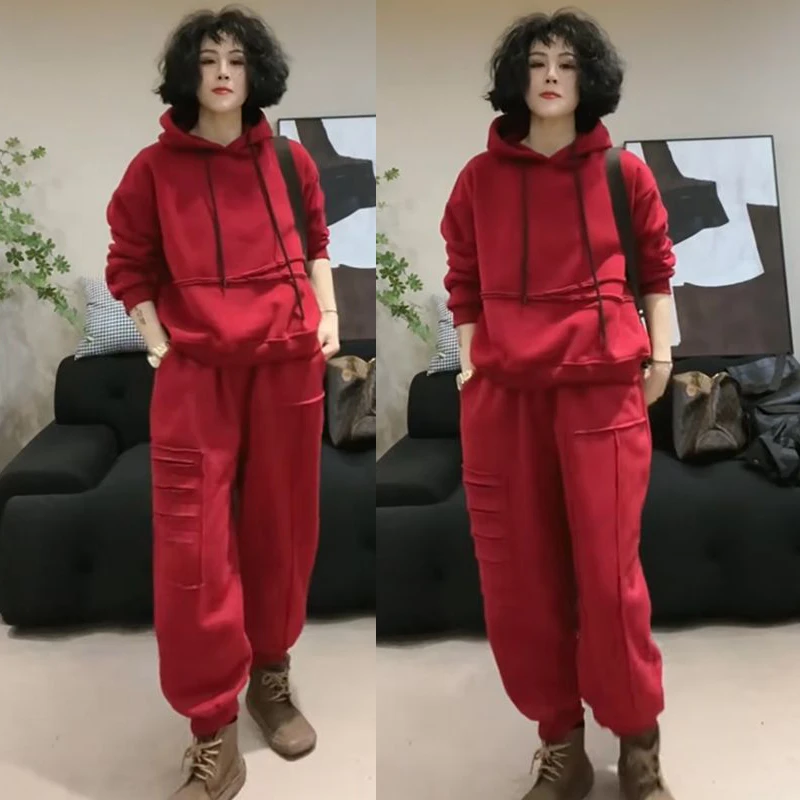 欧洲站2023冬季新款洋气显瘦连帽卫衣百搭纯色休闲裤加绒两件套