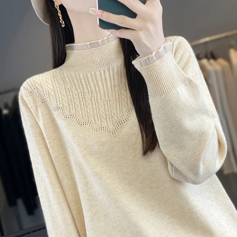 蕾丝打底衫女春秋大码半高领针织衫宽松显瘦内搭秋冬洋气时尚毛衣