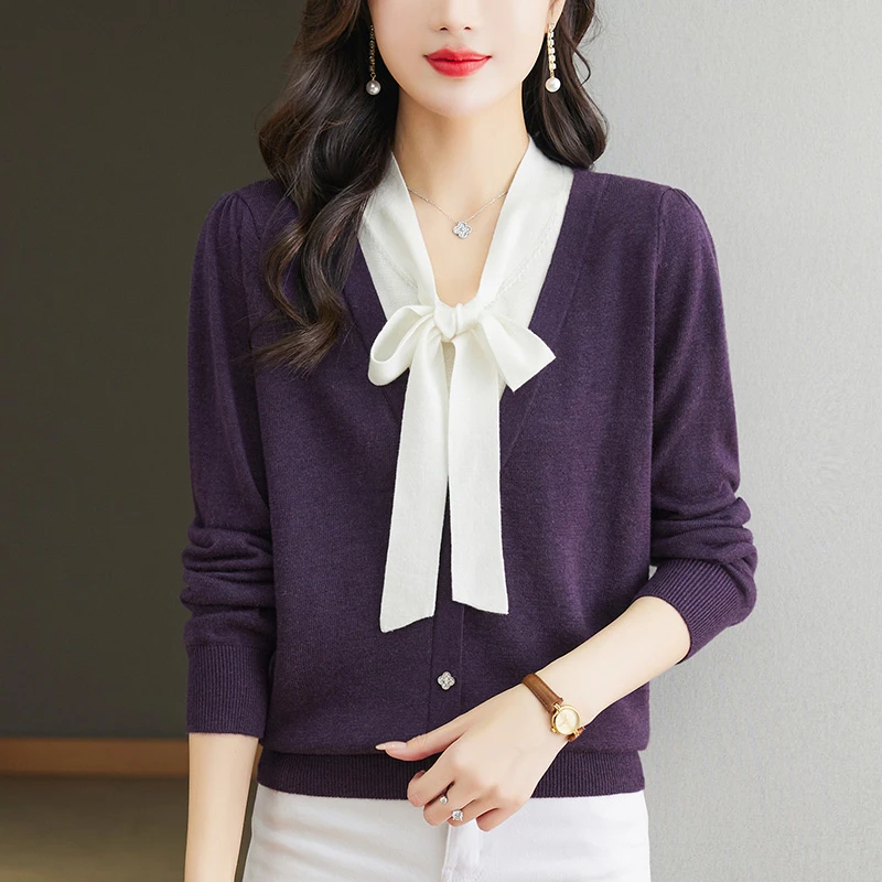 蝴蝶结上衣女秋冬百搭新款大码V领针织衫洋气显瘦宽松时尚打底衫