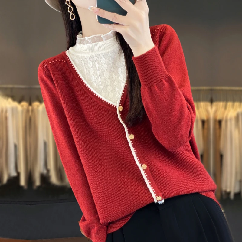 秋冬假两件打底衫女春秋外穿洋气毛衣宽松显瘦半高领蕾丝针织上衣