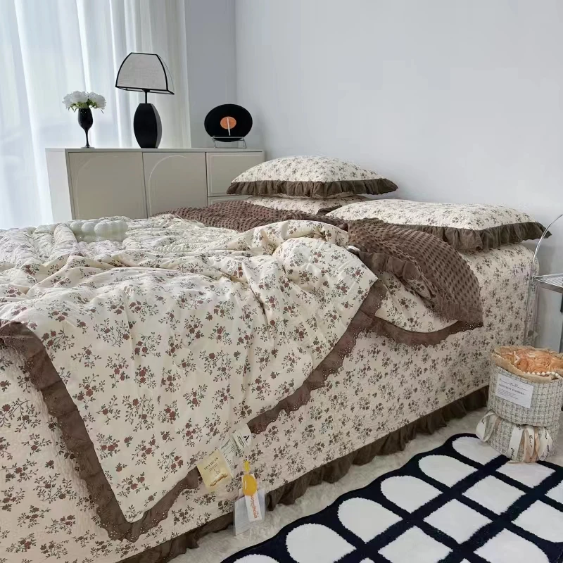 韩国韩式绗缝夹棉豆豆被床盖四件套可机洗