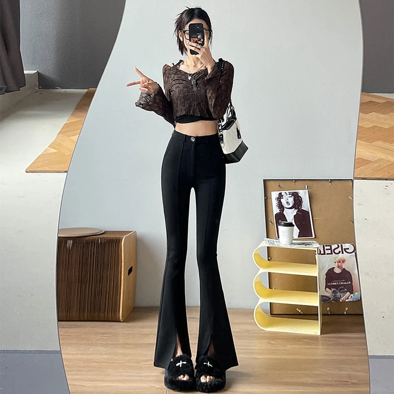 黑色微喇休闲裤女春装高腰显瘦马蹄裤小个子弹力毛边喇叭裤子春秋