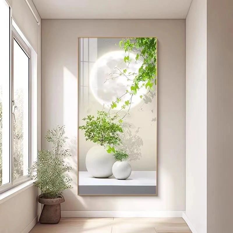 新款现代时尚清新绿植简约轻奢新中式过道玄关晶瓷镶灯光装饰挂画