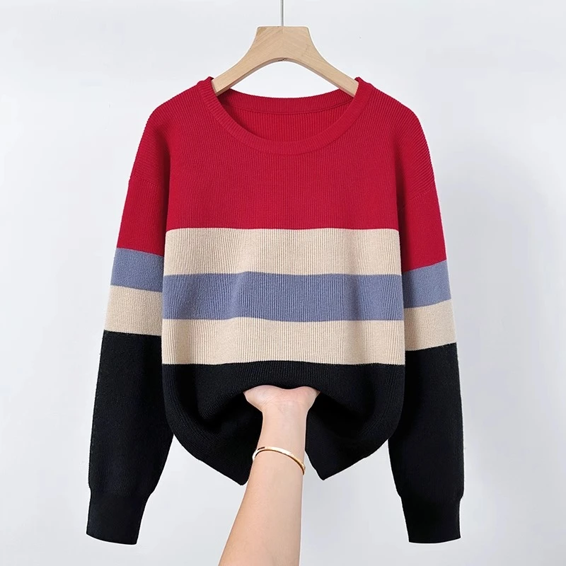 秋冬洋气减龄毛衣潮宽松显瘦【80-200斤】圆领撞色条纹针织上衣女