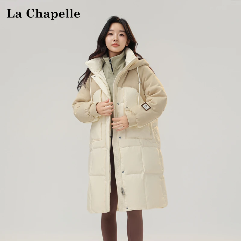 拉夏贝尔羽绒服2025年女士秋冬季新款中长款拼接撞色鸭绒外套潮