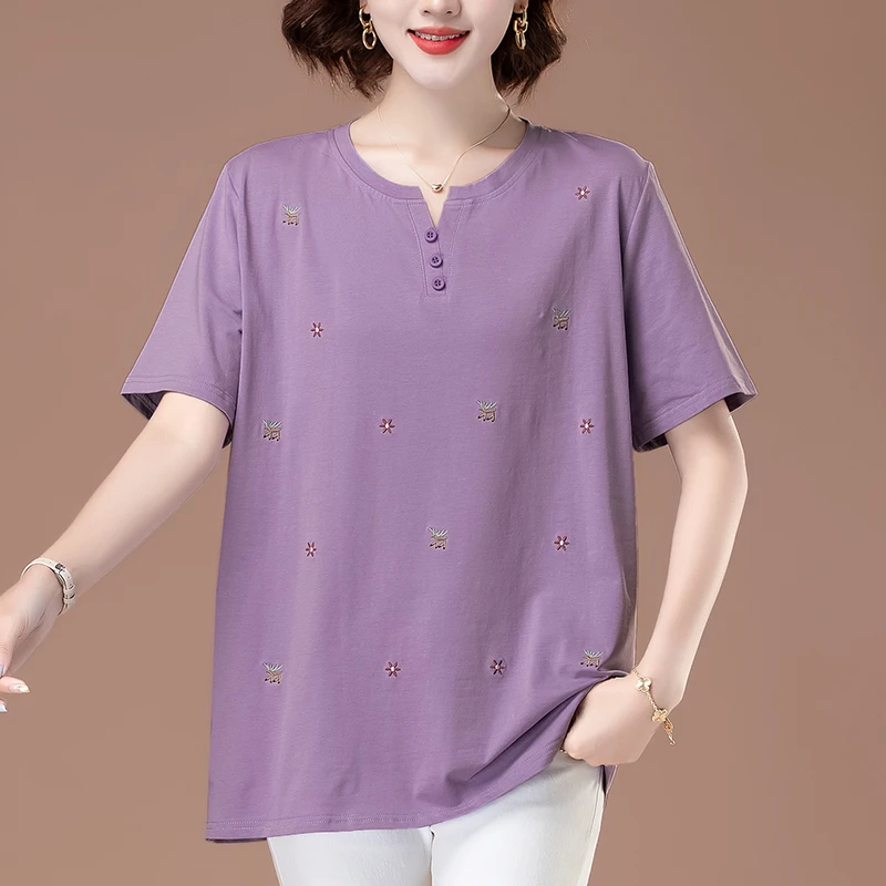 短袖棉t恤女夏季新款中老年宽松休闲加肥加大码女装遮肚子妈妈装