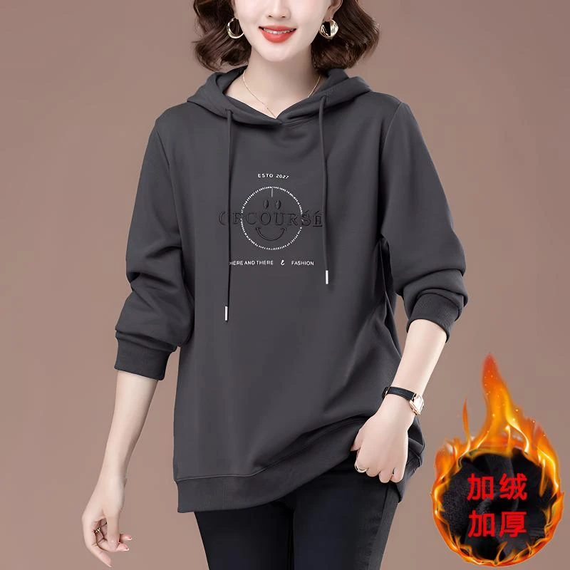 加绒加厚卫衣女加肥加大码2024新款中老年女连帽休闲宽松妈妈上衣