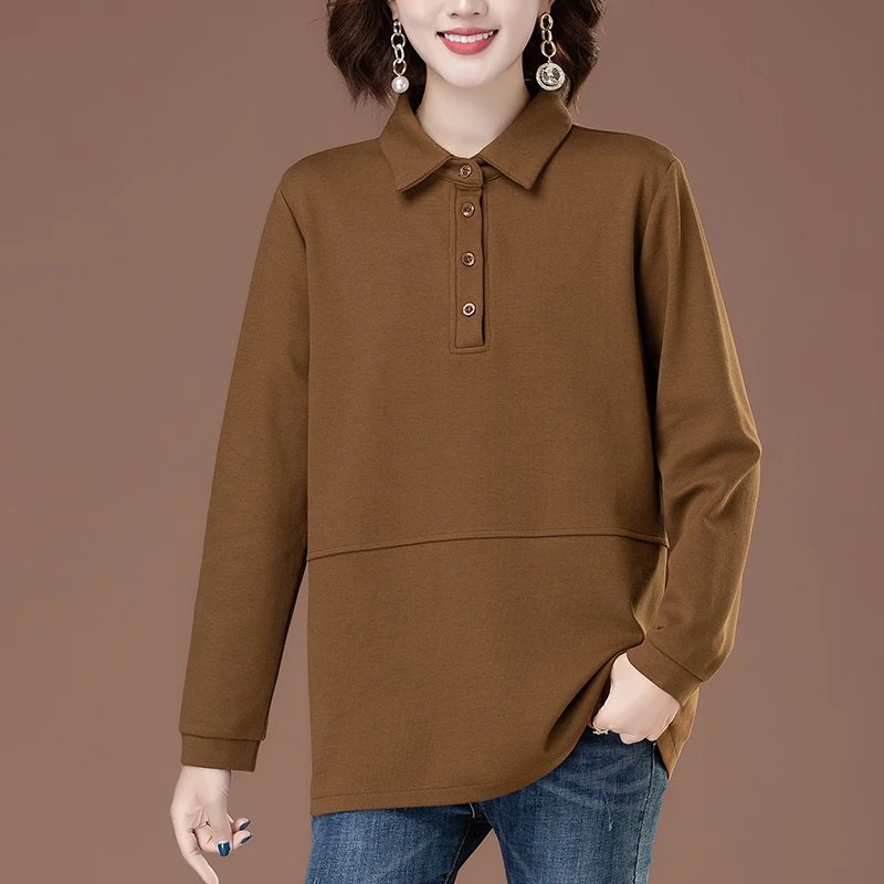 翻领卫衣女春秋新款大码加厚长袖T恤衫中老年POLO领时尚休闲上衣