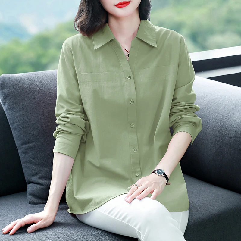 纯棉长袖衬衫女中年妈妈宽松中长款休闲衬衣春秋季加肥加大码女装