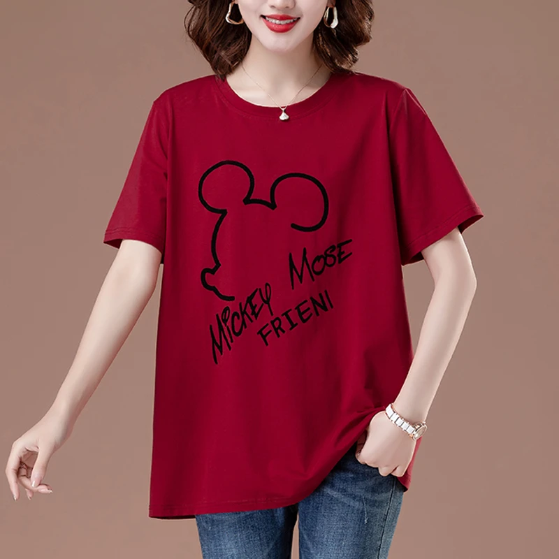 妈妈纯棉短袖t恤中年女新款夏装宽松加肥加大码遮肚子时尚显瘦T恤