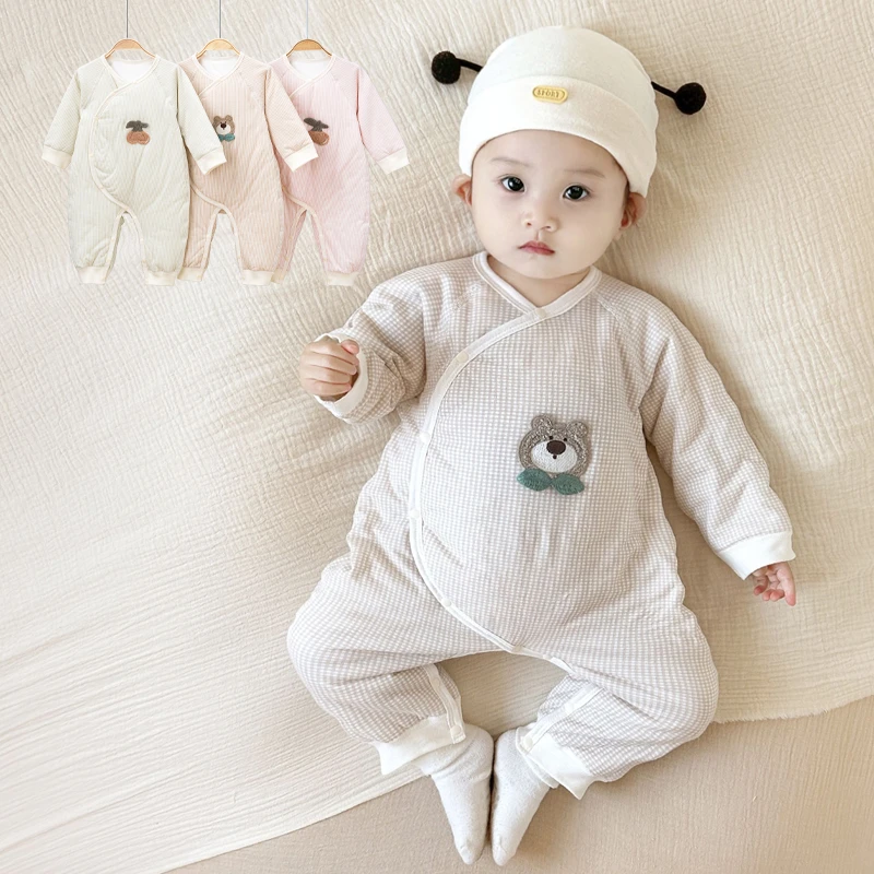 秋冬季宝宝连体衣新生儿纯棉护肚保暖蝴蝶衣婴儿薄棉夹棉哈衣爬服