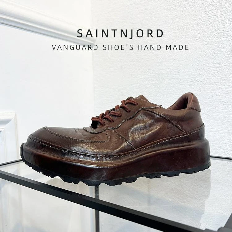 高端马皮鞋手工时尚休闲男老爹板鞋增高厚底水洗德比鞋棕色