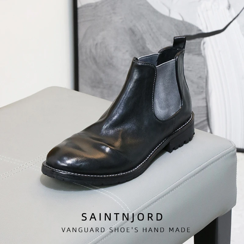 马皮切尔西靴褶皱质感复古水洗高帮男士皮短靴休闲皮鞋皮底