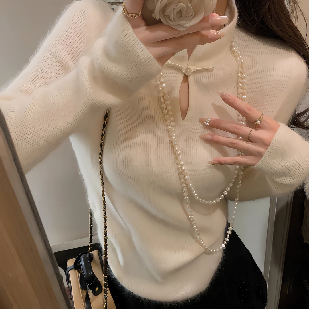 秋冬季网红外穿洋气新中式国风毛衣女盘扣针织衫气质内搭打底上衣