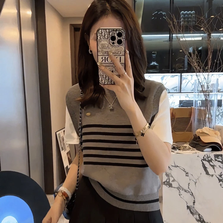 2024潮款夏季短袖针织衫T恤女装时髦洋气短款条纹假两件上衣