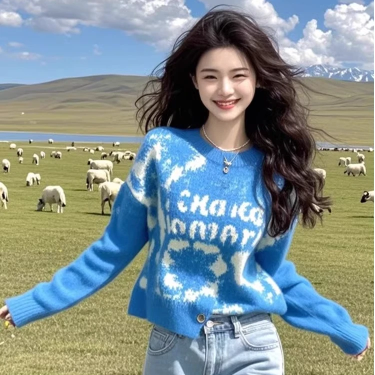 秋冬女装时髦洋气外穿蓝色短款毛衣宽松慵懒风软糯套头针织衫上衣