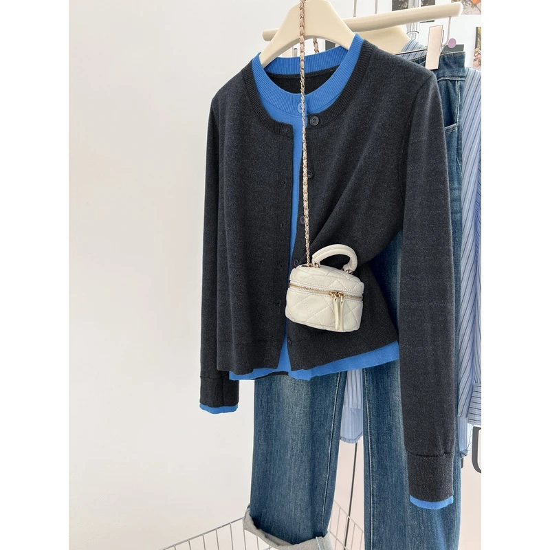 秋季洋气薄款小外搭针织开衫外套女装假两件毛衣早秋别致长袖上衣