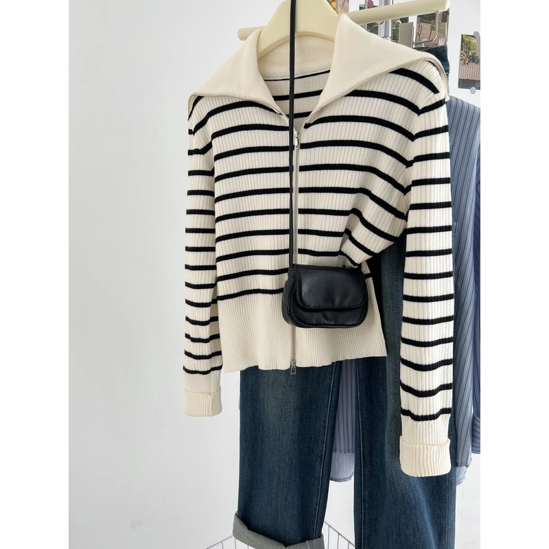 秋装女装双拉链条纹长袖针织衫女秋季毛衣开衫外套入秋高级感衣服